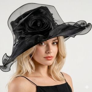 Fabulous Beloved Millinery Feminine Black Organza Derby Races Church  Hat Tea